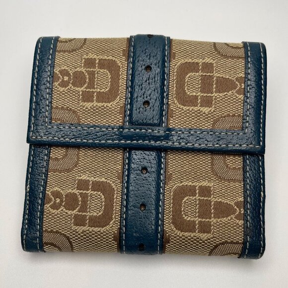 Gucci Horsebit Brown Canvas Buckle Compact Wallet w/ Navy Leather Trim- Preowned - Picture 2 of 14